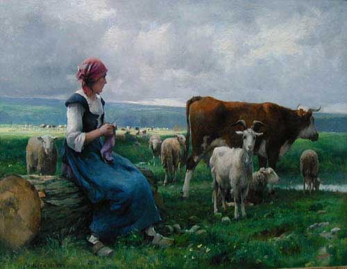 Painting Code#11203-Dupre, Julien(France): Shepherdess with Goat, Sheep and Cow