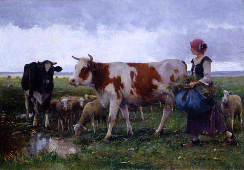 Painting Code#11211-Dupre, Julien(France): Peasant Woman with Cows &amp; Sheep