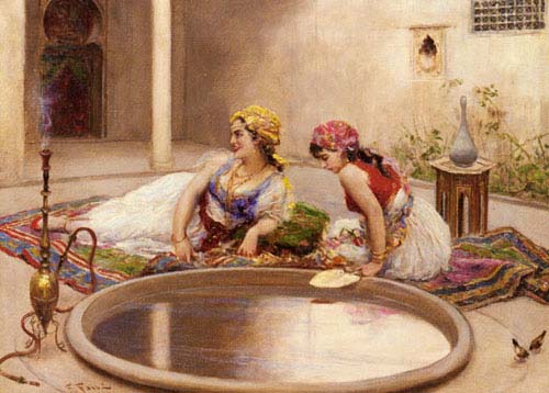 Painting Code#11346-Fabbi, Fabbio(Italy): Reclining Odalisques by a Reflecting Pool