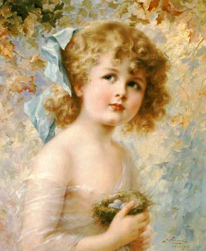 Painting Code#11570-Vernon, Emile(France): Girl Holding a Nest