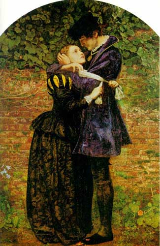 Painting Code#11576-Millais, John Everett(England): A Huguenot, on St. Bartholomew&#039;s Day Refusing to Shield Himself from Danger by Wearing the Roman Catholic Badge