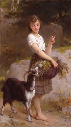 Painting Code#11668-Munier, Emile(France): Young Girl with Goat &amp; Flowers