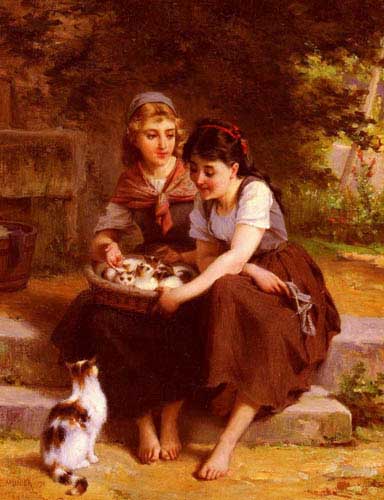 Painting Code#11675-Munier, Emile(France): Two Girls With A Basket Of Kittens