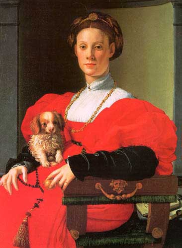 Painting Code#11988-Bronzino, Agnolo(Italy): Portrait of a Lady with a Puppy