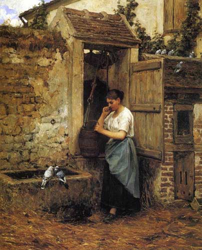 Painting Code#12392-Henry Mosler - Peasant Girl and Doves