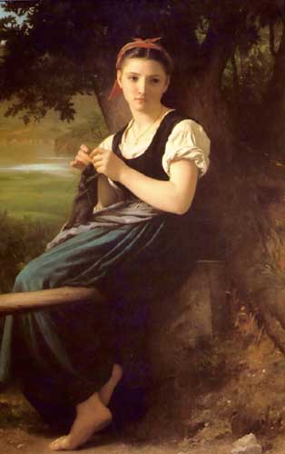 Painting Code#12582-Bouguereau, William - The Knitter 