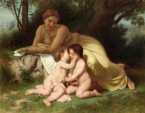 Painting Code#12610-Bouguereau, William - Young Woman Contemplating Two Embracing Children