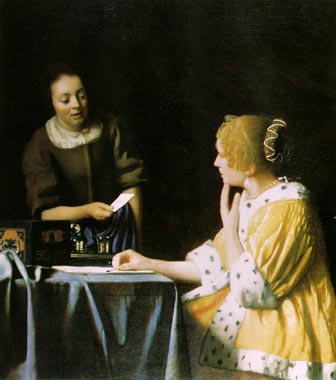 Painting Code#1336-Vermeer, Jan: Lady with Her Maidservant Holding a Letter