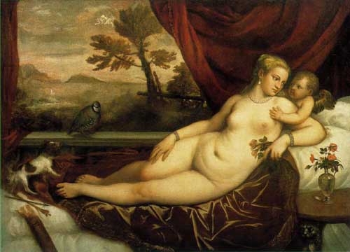 Painting Code#15091-Titian (Italian, 1485-1576): Venus and Cupid with a Partridge