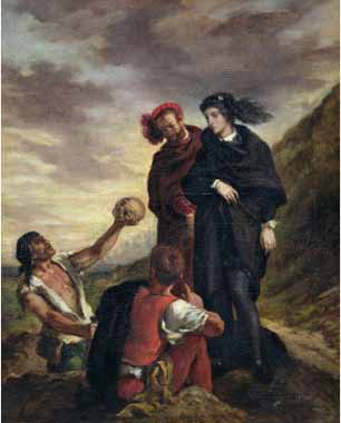 Painting Code#15395-Delacroix, Eugene - Hamlet and Horatio in the Cemetery, from Scene 1, Act V of  Hamlet  by William Shakespeare