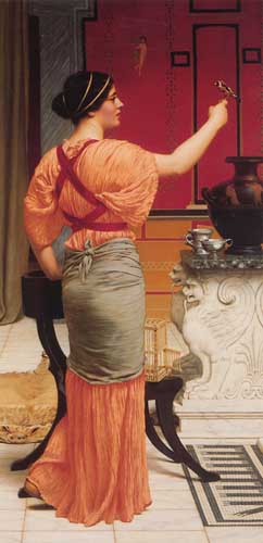 Painting Code#1746-Godward, John William(England): Lesbia with her Sparrow