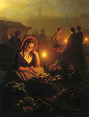 Painting Code#1825-Schendel, Petrus Van(Belgium) - A Young Girl Selling Vegetables at the Night Market