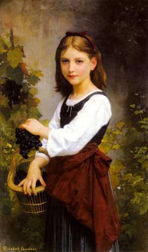 Painting Code#1953-Bouguereau, Elizabeth Jane Gardner: A Young Girl Holding A Basket Of Grapes
