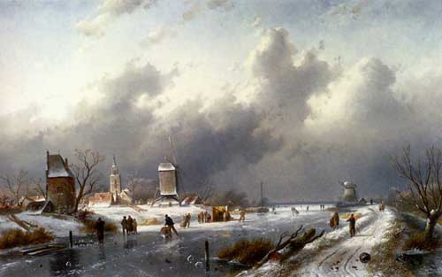 Painting Code#20056-Leickert, Charles Henri Joseph(Belgium): A Frozen Winter Landscape With Skaters
