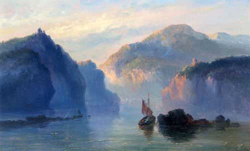 Painting Code#20069-Hans, Josephus Gerardus: A Mountainous River Landscape With A Sailboat At Dusk
