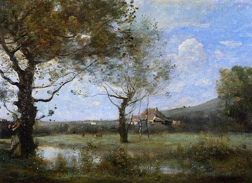 Painting Code#20097-Corot, Jean-Baptiste-Camille: Meadow with Two Large Trees