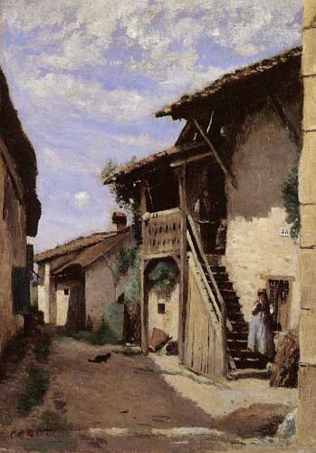 Painting Code#20101-Corot, Jean-Baptiste-Camille: A Village Steeet Dardagny