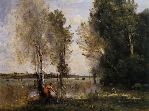Painting Code#20116-Corot, Jean-Baptiste-Camille - Woman Picking Flowers in a Pasture