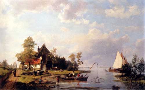 Painting Code#2022-Koekkoek Snr, Hermanus(Netherlands): A River Landscape With A Ferry And Figures Mending A Boat

