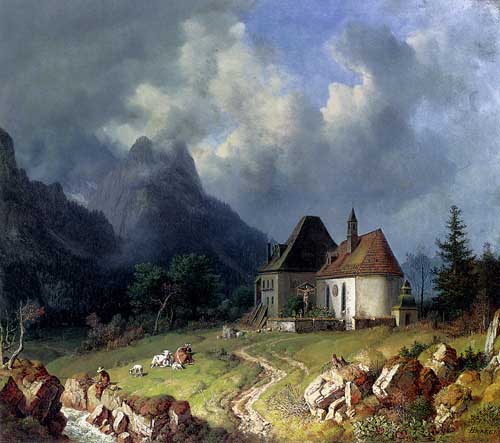 Painting Code#2222-Burkel, Heinrich(German): Das Kirchlein von Hinterriss, Im Hintergrund das Wettersteingebirge