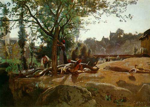 Painting Code#2237-Corot, Jean-Baptiste-Camille: Peasants Under the Trees at Dawn, Morvan