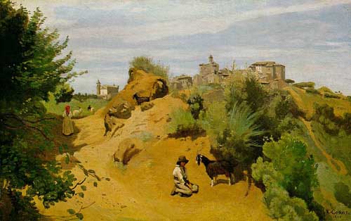 Painting Code#2242-Corot, Jean-Baptiste-Camille: Genzano. Goatherd and View of a Village