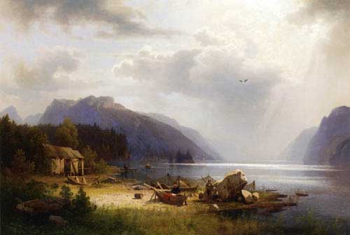 Painting Code#2265-Herman Herzog - Fishing in an Alpine Lake