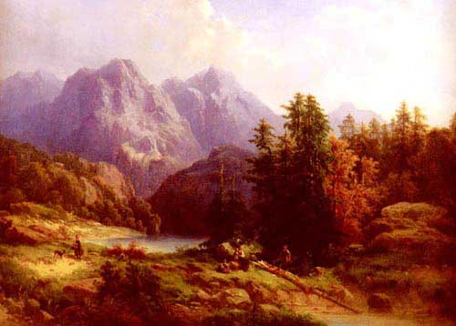 Painting Code#2296-Baumgartner, H.: Woodsman And Family In An Alpine Landscape