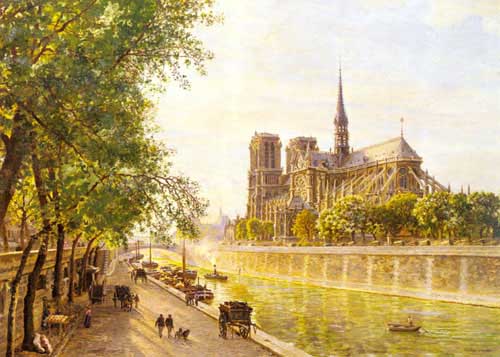 Painting Code#2374-Girard, Marie-Fran&amp;ccedil;ois-Firmin(France): L&#039;lle de la Cite and the Cathedral of Notre Dame, Paris as seem from Quai Montebello