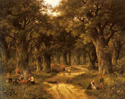 Painting Code#2639-Koekkoek, Hendrik Barend(Denmark): Peasants Preparing a Meal near a Wooded Path