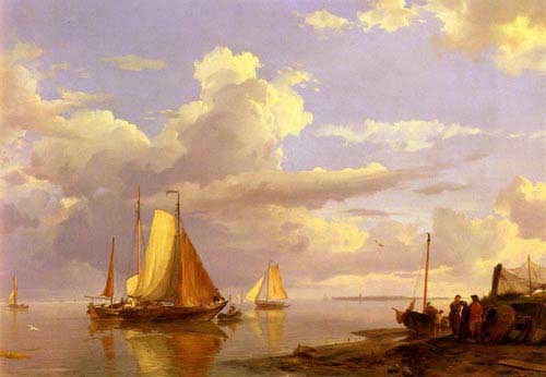 Painting Code#2641-Koekkoek Snr, Hermanus(Netherlands): Fishing Boats Off The Coast At Dusk