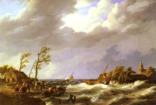 Painting Code#2646-Koekkoek, Johannes Hermanus(Netherlands): Dutch Fishing Vessel caught on a Lee Shore