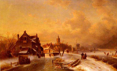 Painting Code#2676-Leickert, Charles Henri Joseph(Belgium): Winter and Summer Canal Scenes: A Pair of Paintings (Pic 1)