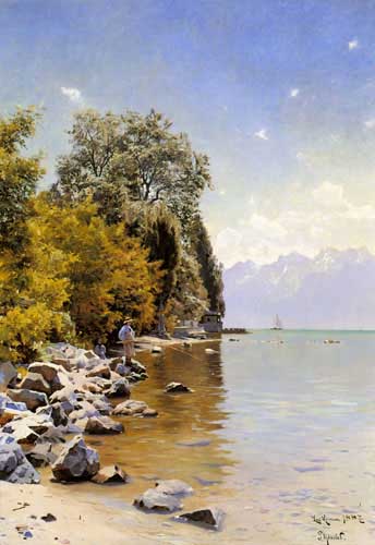 Painting Code#2717-Monsted, Peder Mork(Denmark): Fishing on Lac Leman