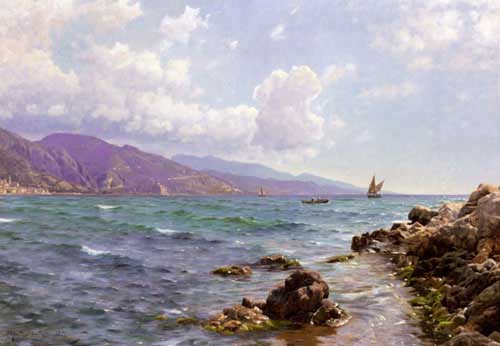 Painting Code#2724-Monsted, Peder Mork(Denmark): Fishing Boats on the Water, Cap Martin