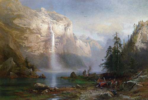 Painting Code#2881-Herman Herzog - Mountain Lake Camp
