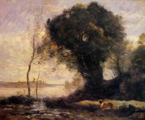 Painting Code#2891-Corot, Jean-Baptiste-Camille - Pond with Dog