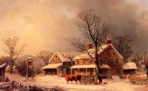 Painting Code#2984-George Henry Durrie - Oxen Hauling Logs on a Sled