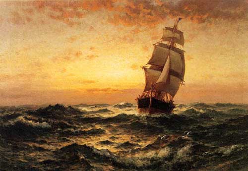 Painting Code#2999-Edward Moran - Ship at Sea, Sunset