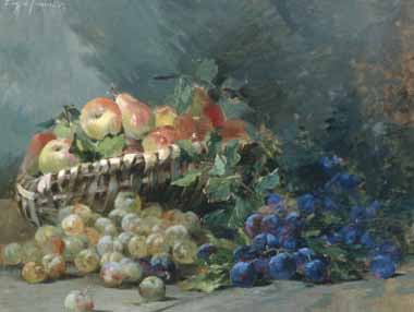 Painting Code#3013-Albert Lavault - Still Life of Apples and Greengages in a Basket