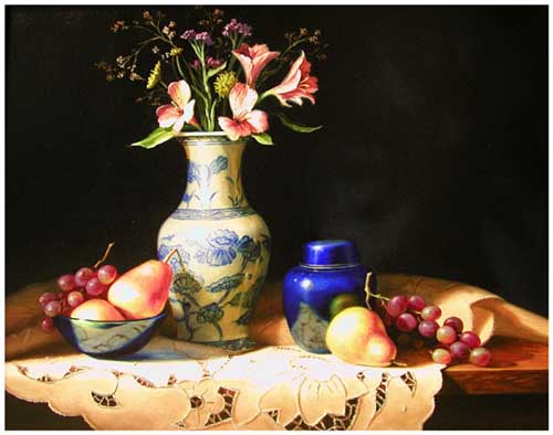 Painting Code#3032-Fruit Still Life with Flowers in Vase