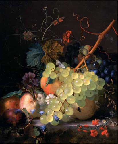 Painting Code#3056-Jan van Huysum - Still Life of Grapes and a Peach on a Table-top