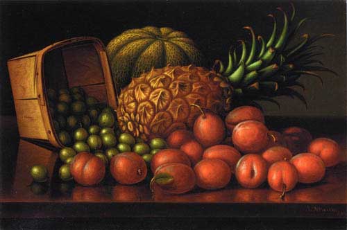 Painting Code#3090-Levi Wells Prentice: Tabletop with Gooseberries, Plums, Pineapple, and Cantaloupe