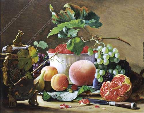 Painting Code#3092-Carl Vilhelm Balsgaard - A Still Life of Figs, Peaches and Pomegranates 