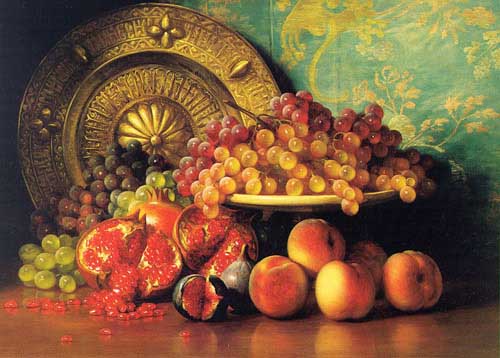 Painting Code#3129-Hall, George Henry(USA): Figs, Pomegranates, Grapes, and Brass Plate