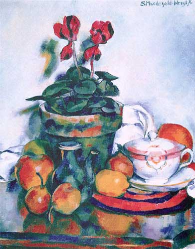 Painting Code#3310-MacDonald-Wright, Stanton(USA): Still Life wit Cyclamen and Fruit