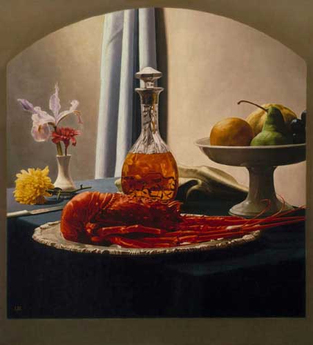Painting Code#3338-Estremadoyro, Luis Jose(Peru): Still Life with Bourbon and Lobster