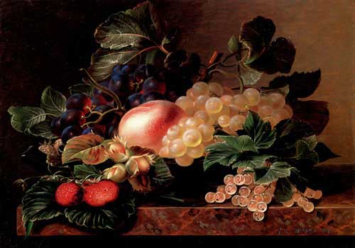 Painting Code#3378-Jensen, Johan Laurentz(Denmark): Grapes, Strawberries, a Peach, Hazelnuts and Berries in a Bowl on a marble Ledge