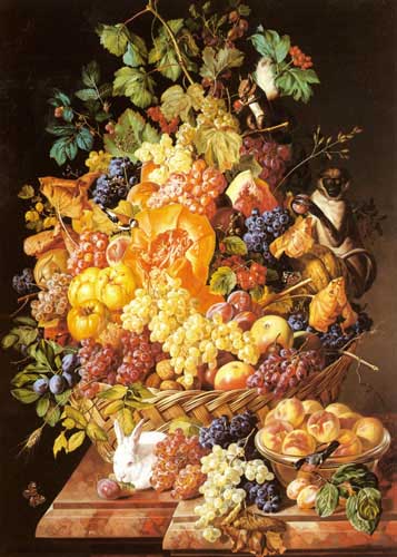 Painting Code#3446-Zinnogger, Leopold(Austria): A Basket Of Fruit With Animals