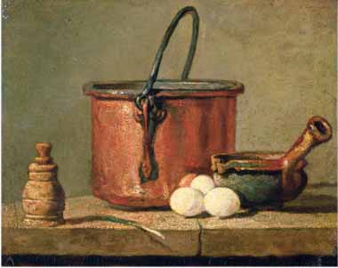 Painting Code#3546-Chardin, Jean-Baptiste-Simeon - Still Life of Cooking Utensils, Cauldron, Frying Pan and Eggs